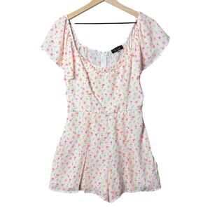 Trixxi White Floral Romper Flutter Sleave Pleated Womens Size M
